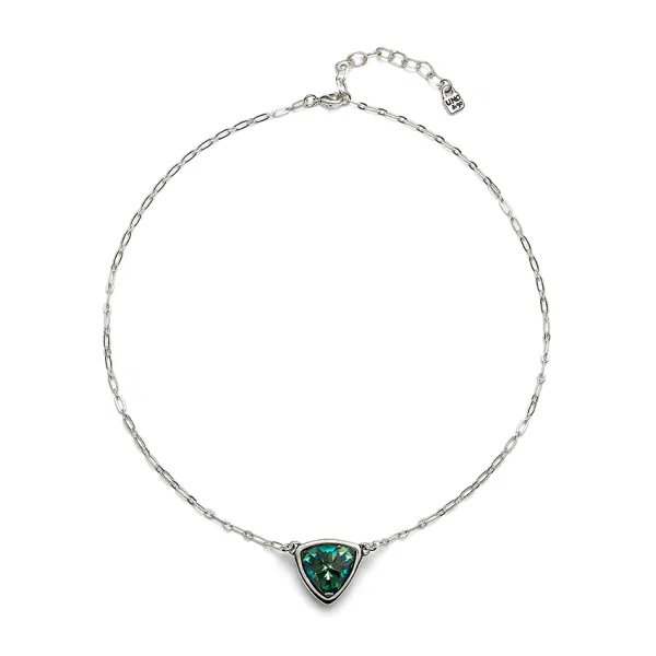 Silver Pendant Chain Link Necklace w/Green Crystal