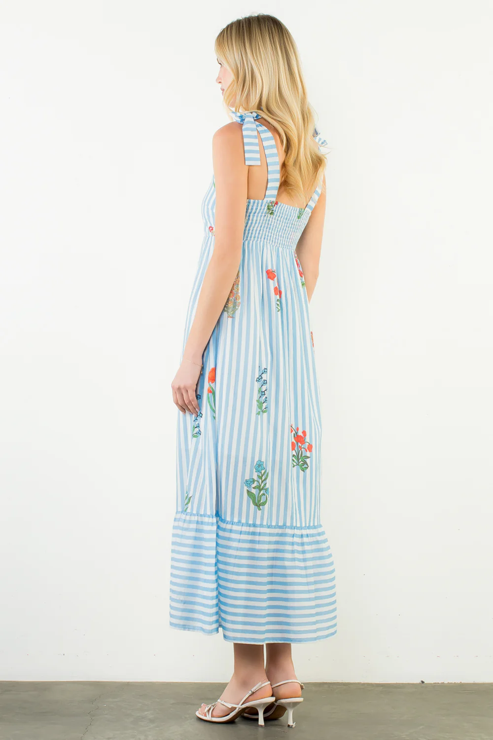 Blue Tie-Strap Striped Floral Midi Dress