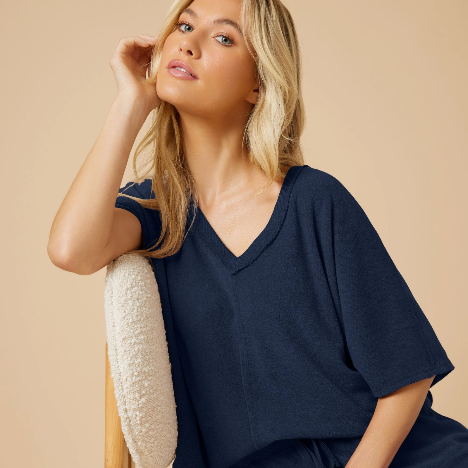 Navy Blue Summer Terry Relaxed V-Neck & Shorts Set