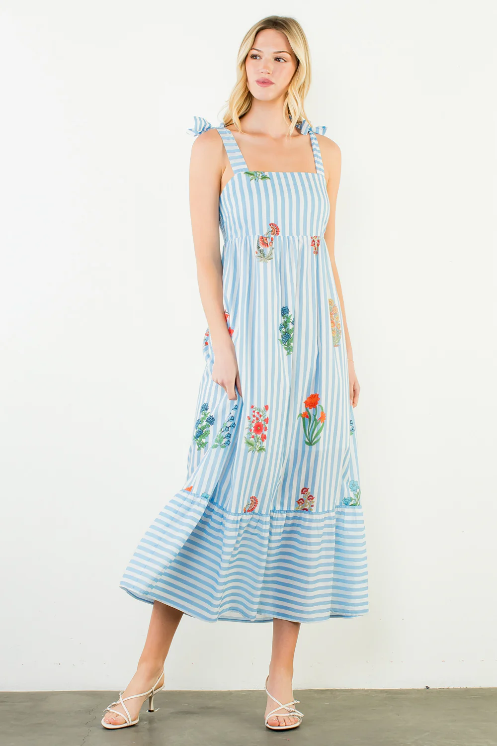 Blue Tie-Strap Striped Floral Midi Dress