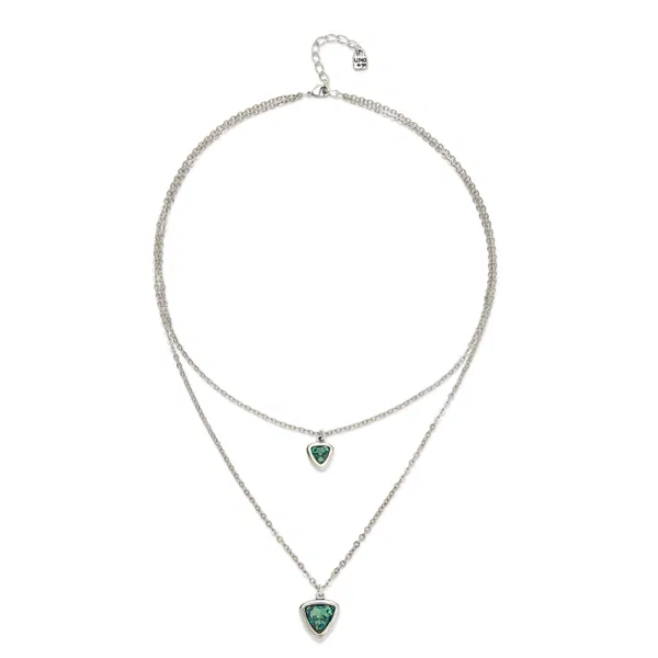 Silver Multi-Layer Pendant Link Chain Necklace w/Green Crystal