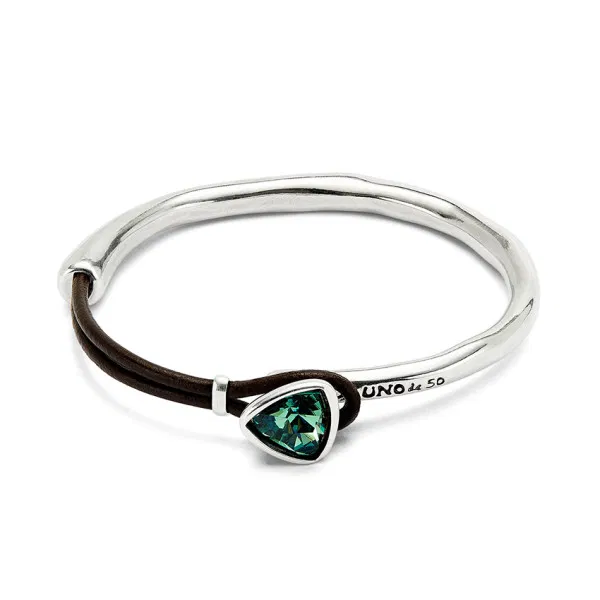 Silver Bangle Bracelet w/Leather and Green Crystal