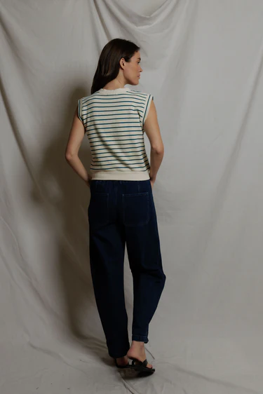 Sloane French Terry Rolled Sleeve Sweatshirt in Teal/Navy Stripe