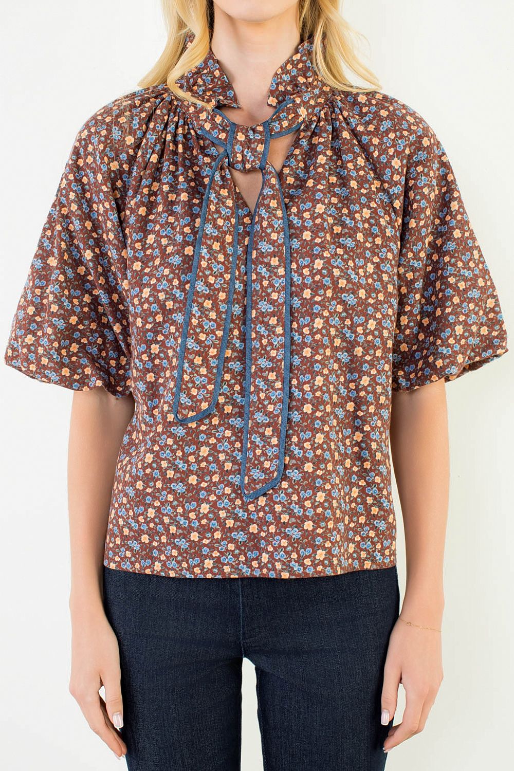 Jill Brown Print Puff Sleeve Top