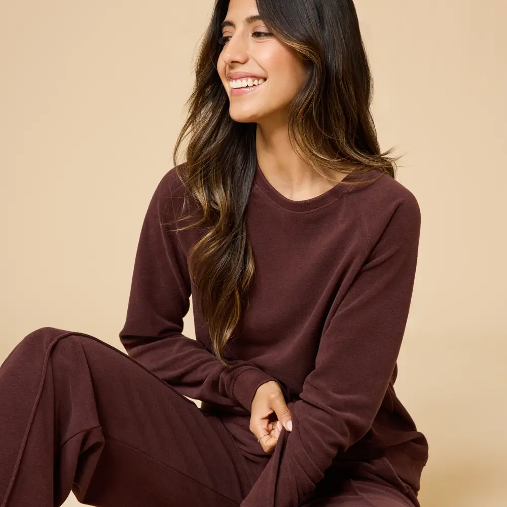 Espresso Vintage Velvet Raglan Crew Neck with Pintuck Wide Leg Pant Set