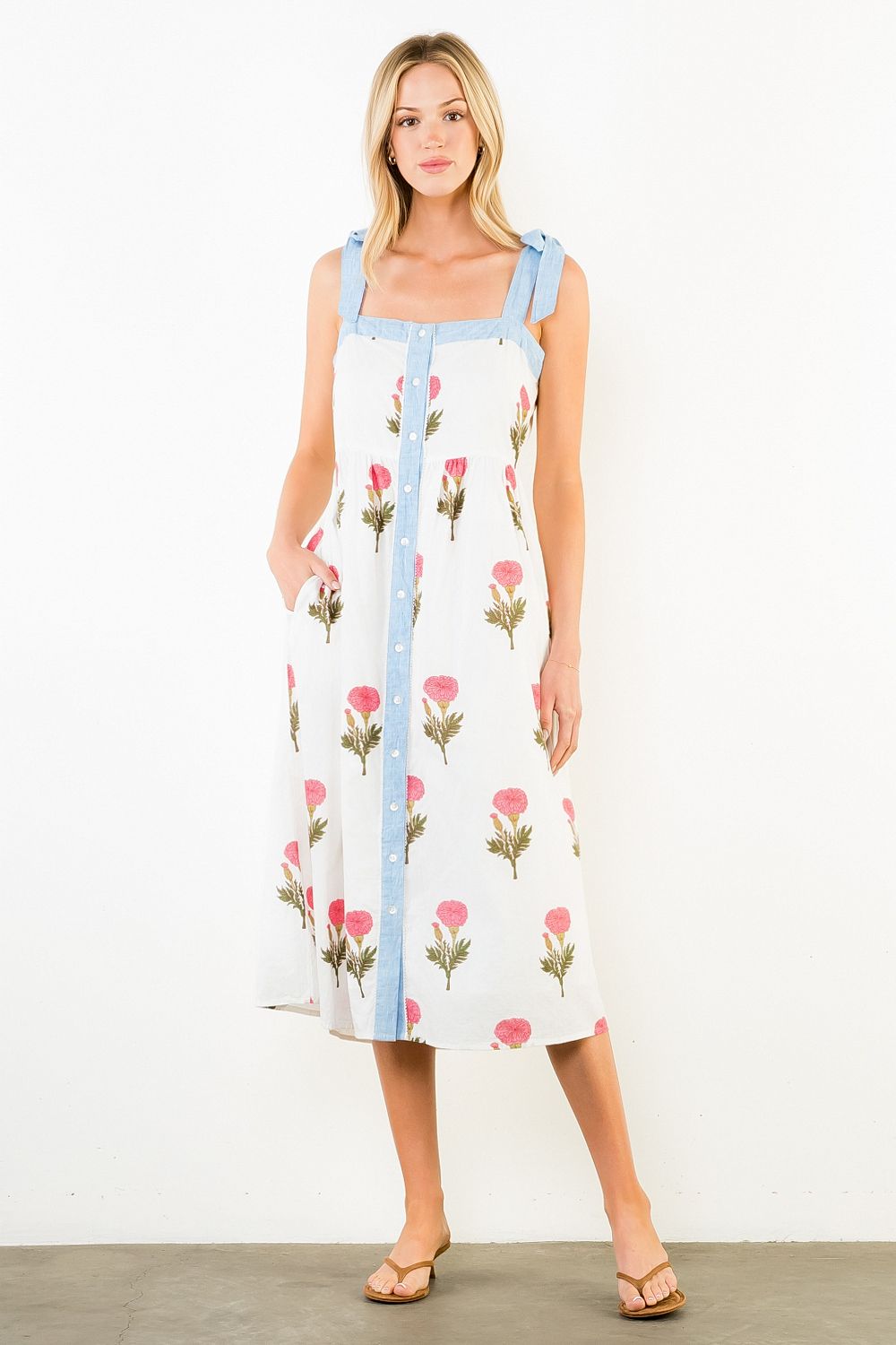 Macie Floral Tie-Strap Midi Dress