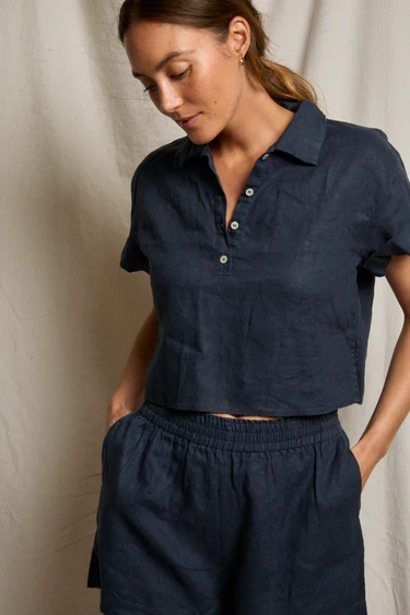 Navy Tabitha Linen Collared Cropped Polo