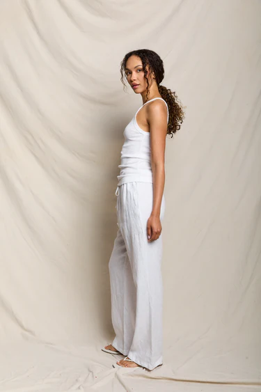 White Lorana Linen Drawstring Pant