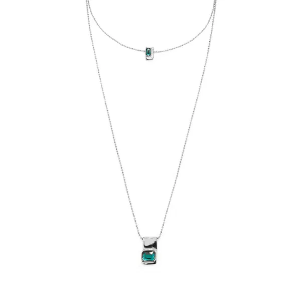 Silver Multi-Strand Chain Necklace w/Green Crystals