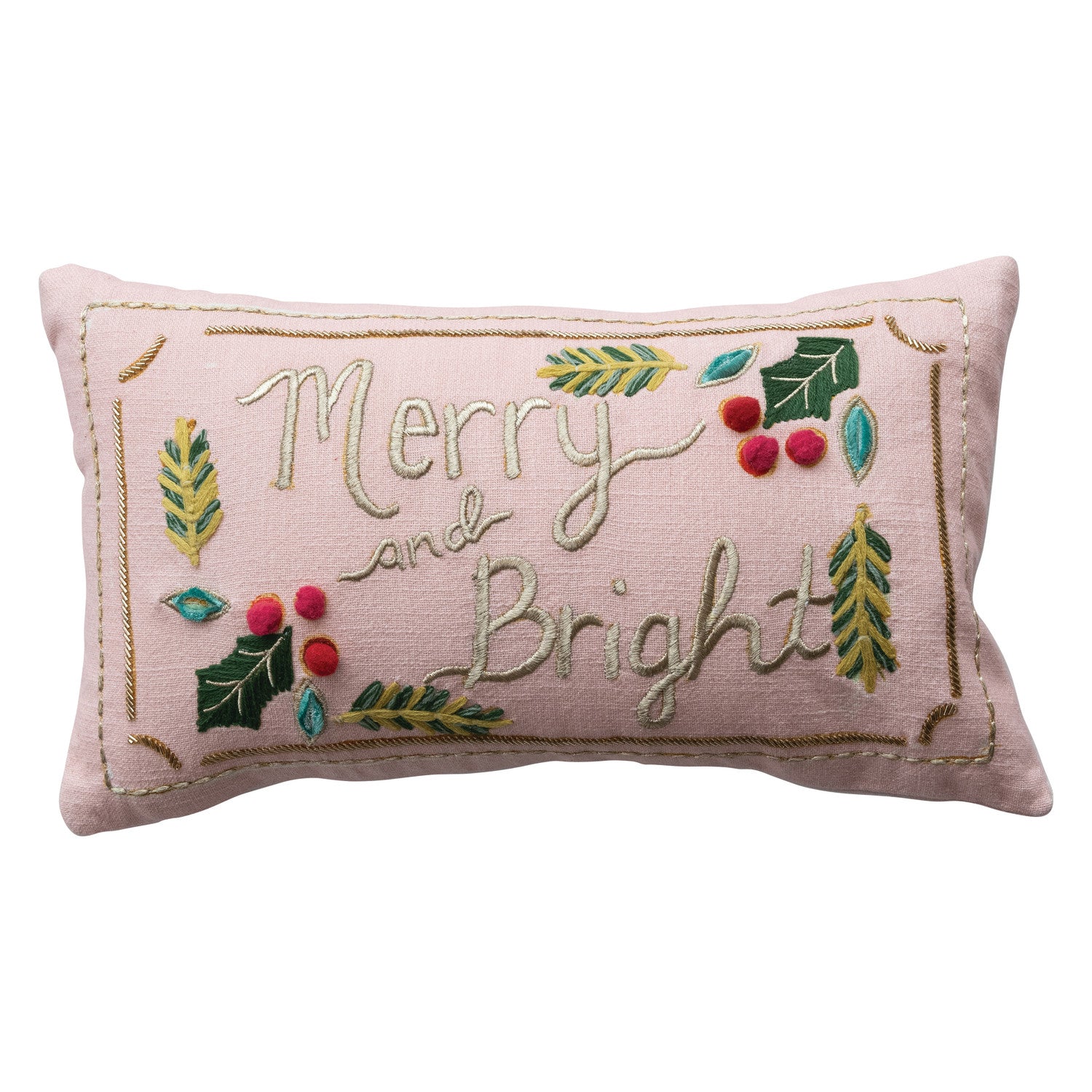 'Merry & Bright' Hand-Embroidered Lumbar Pillow