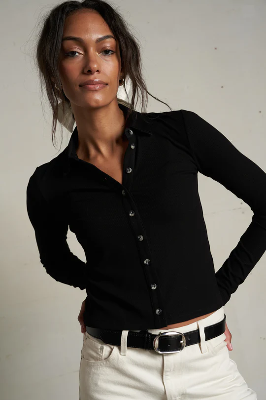 True Black Amee Luxe Rib Button Up Polo