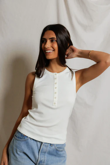 White Loretta Quarter Button Down Luxe Rib Tank