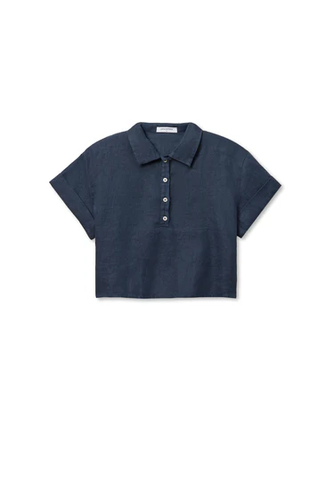 Navy Tabitha Linen Collared Cropped Polo