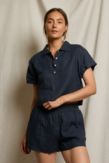 Navy Tabitha Linen Collared Cropped Polo