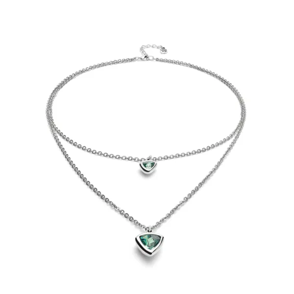 Silver Multi-Layer Pendant Link Chain Necklace w/Green Crystal