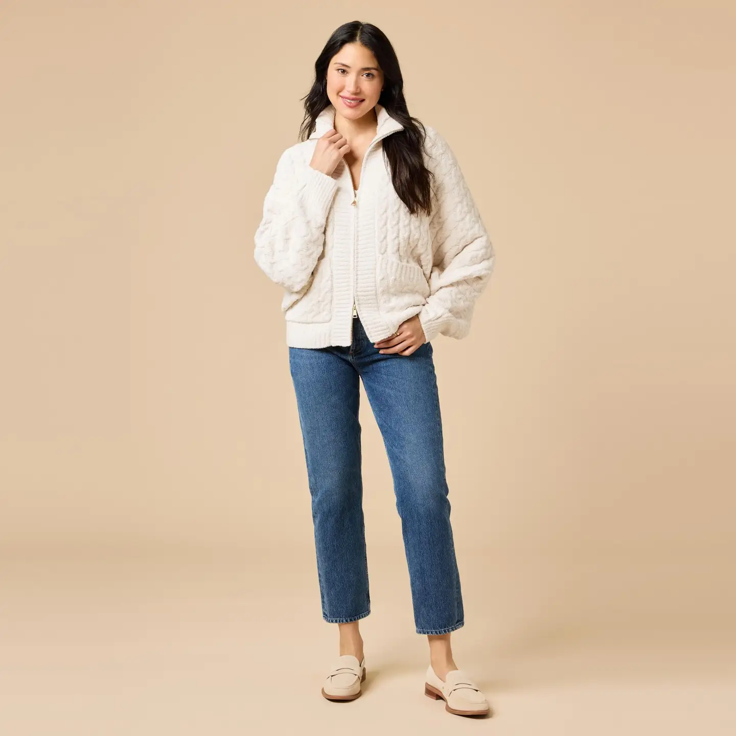 Almond Cable Knit Marshmallow Funnel Neck Double Zip Jacket