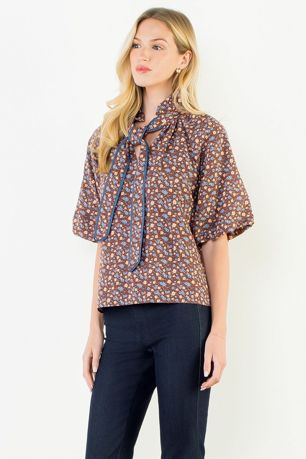 Jill Brown Print Puff Sleeve Top
