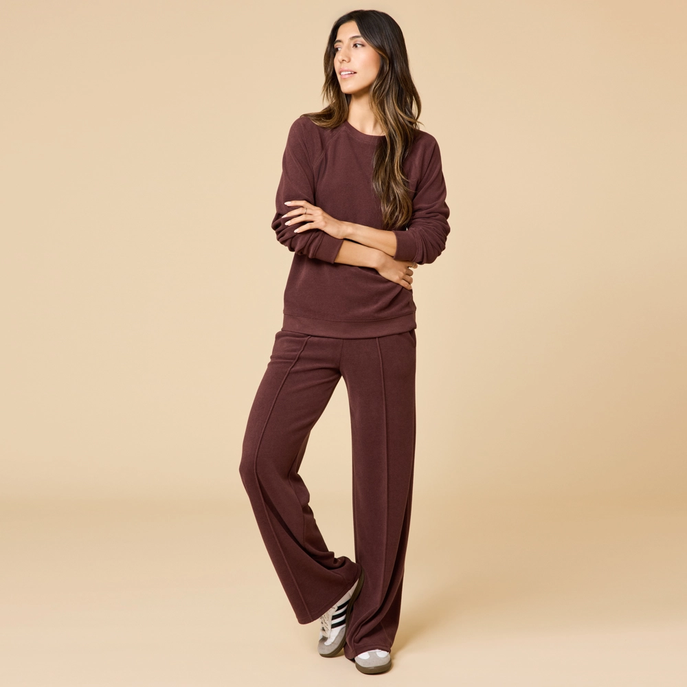 Espresso Vintage Velvet Raglan Crew Neck with Pintuck Wide Leg Pant Set