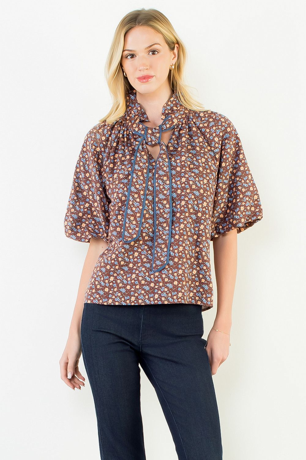 Jill Brown Print Puff Sleeve Top
