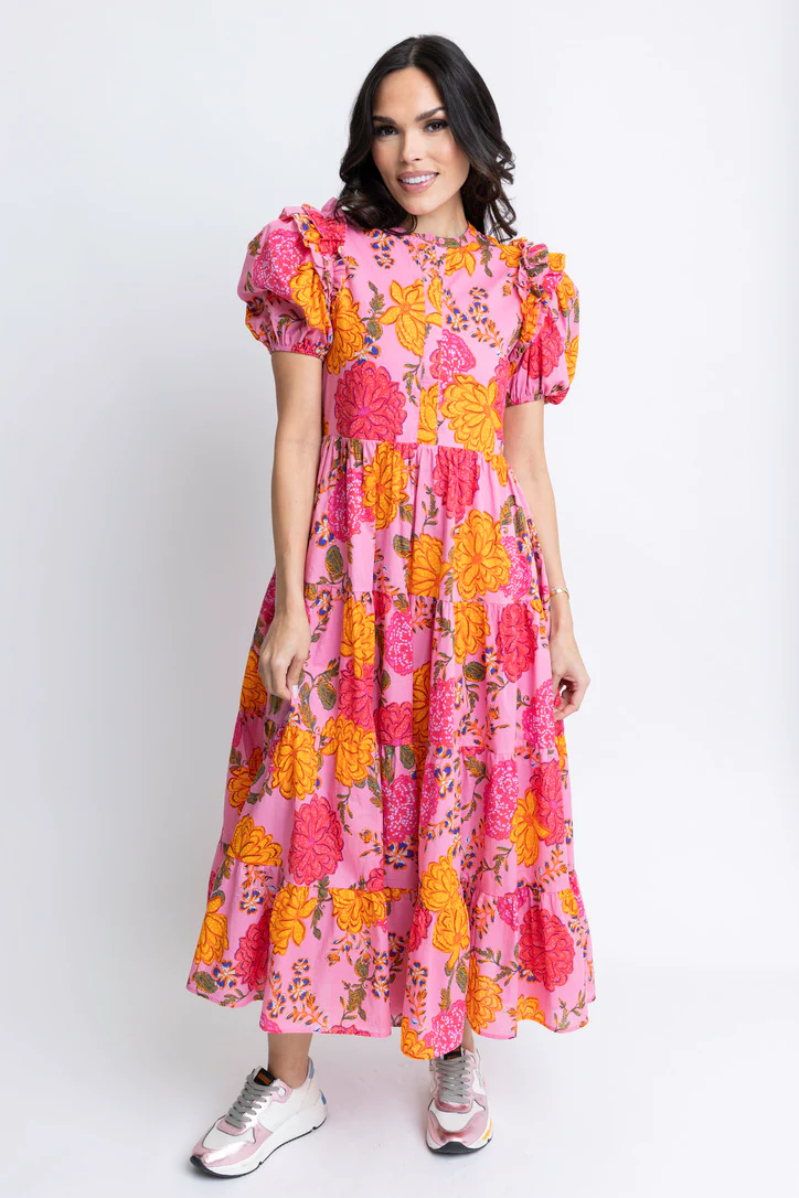 Floral Puff Sleeve Ruffle Tier Maxi Dress