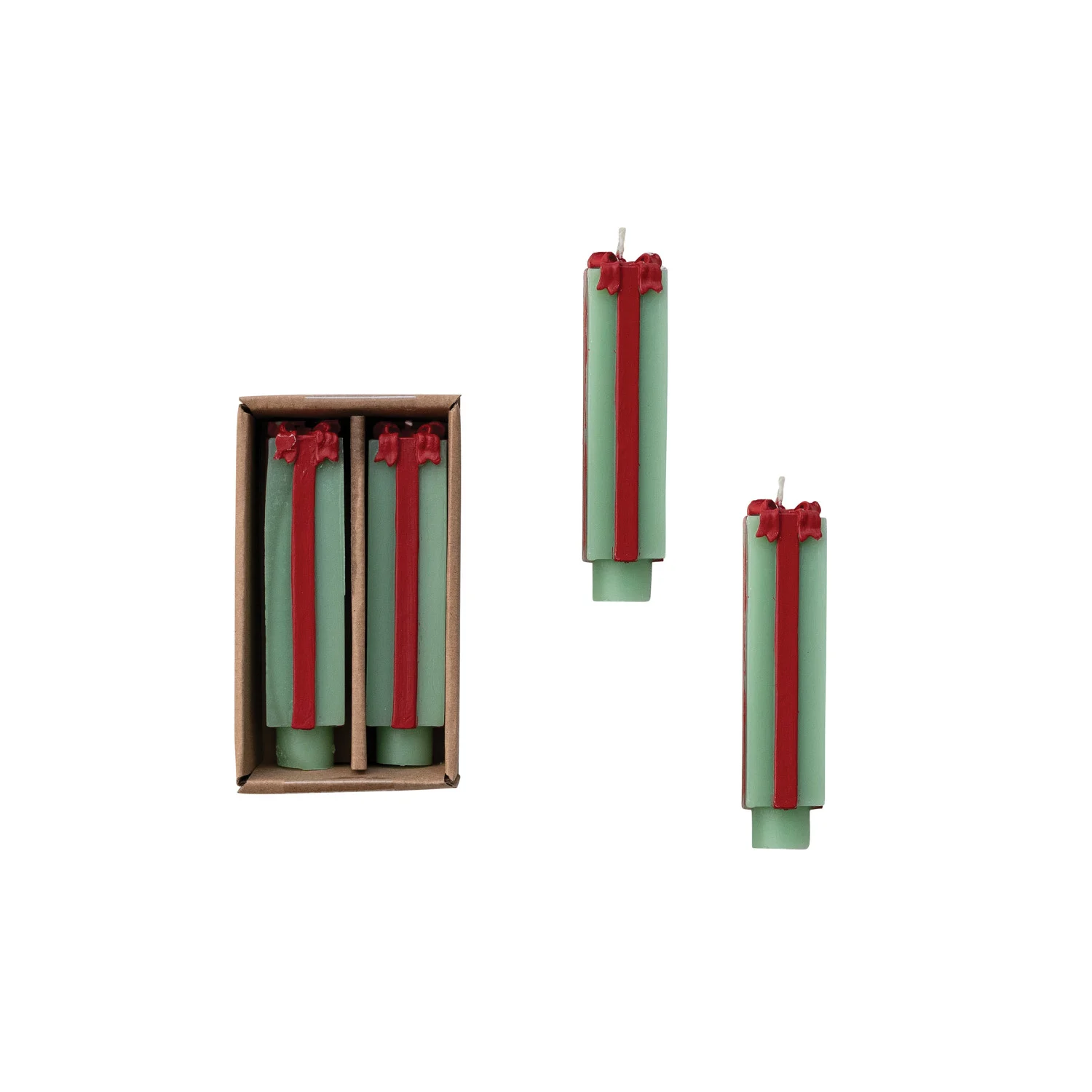 Gift Shaped Mint Green & Red Taper Candle Set