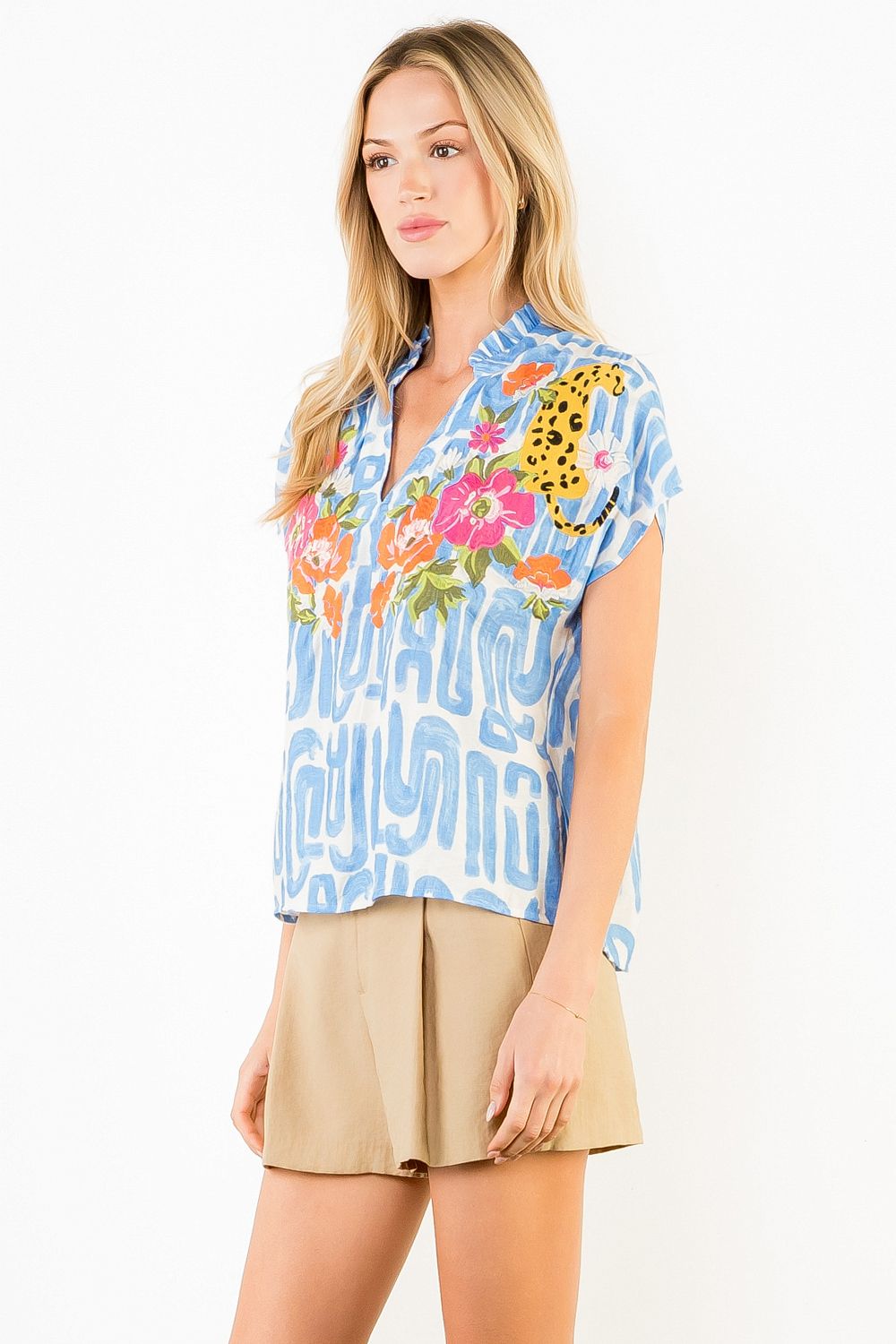Julie Flower and Cheetah Embroidery Top