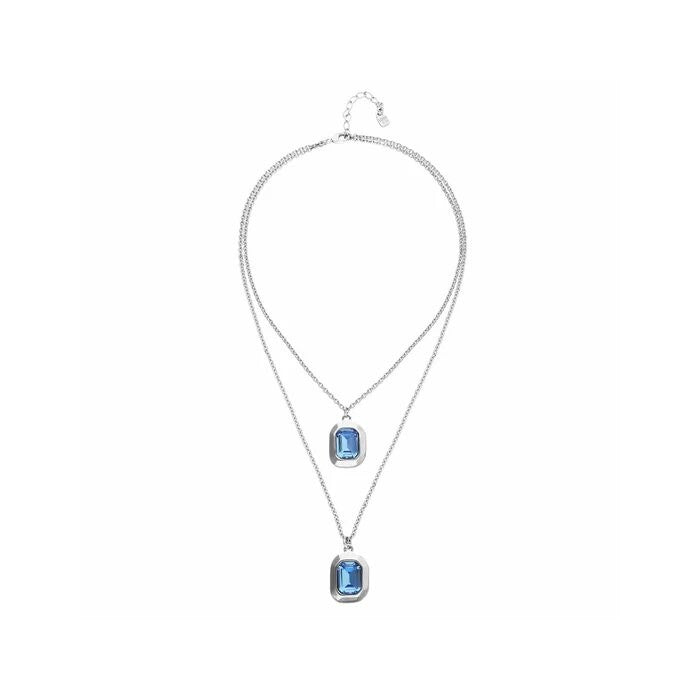 Silver Double Chain Necklace w/Blue Stones