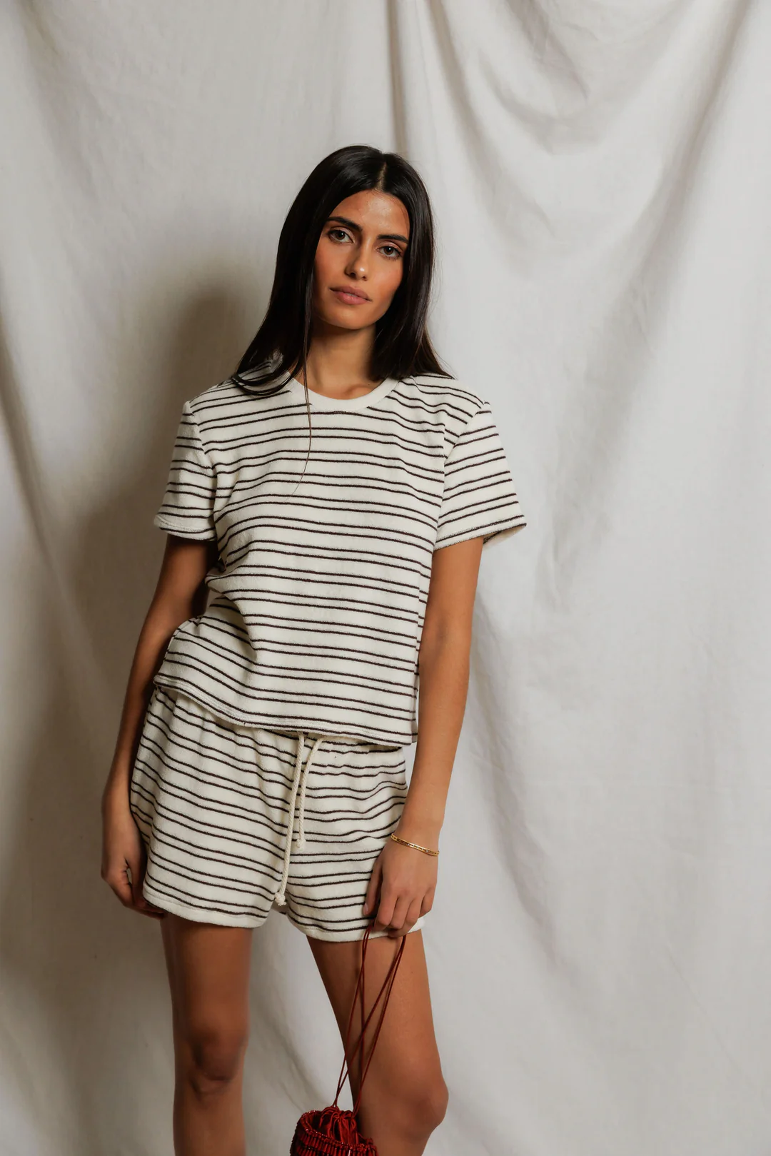 Eve Cotton Crew Neck Tee in Natural/Chocolate