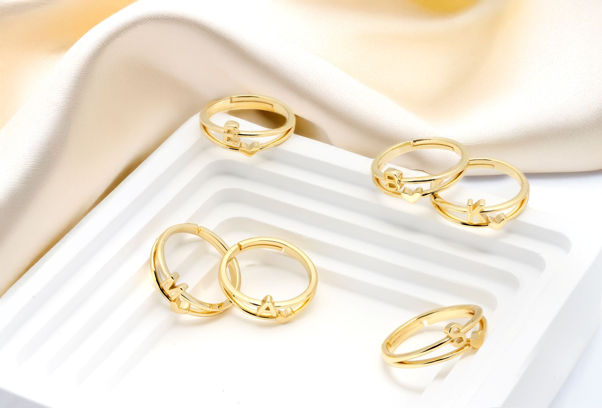 Gold Duo Band Heart Initial Ring
