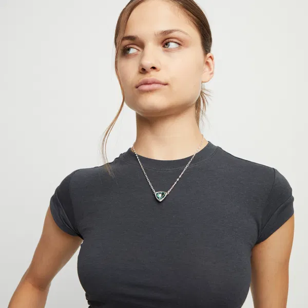 Silver Pendant Chain Link Necklace w/Green Crystal