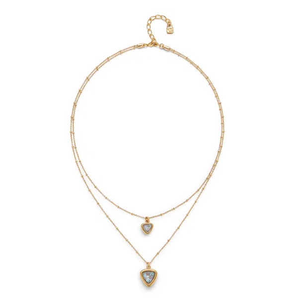 Gold Multi-Layer Pendant Link Chain Necklace w/Triangular Crystals