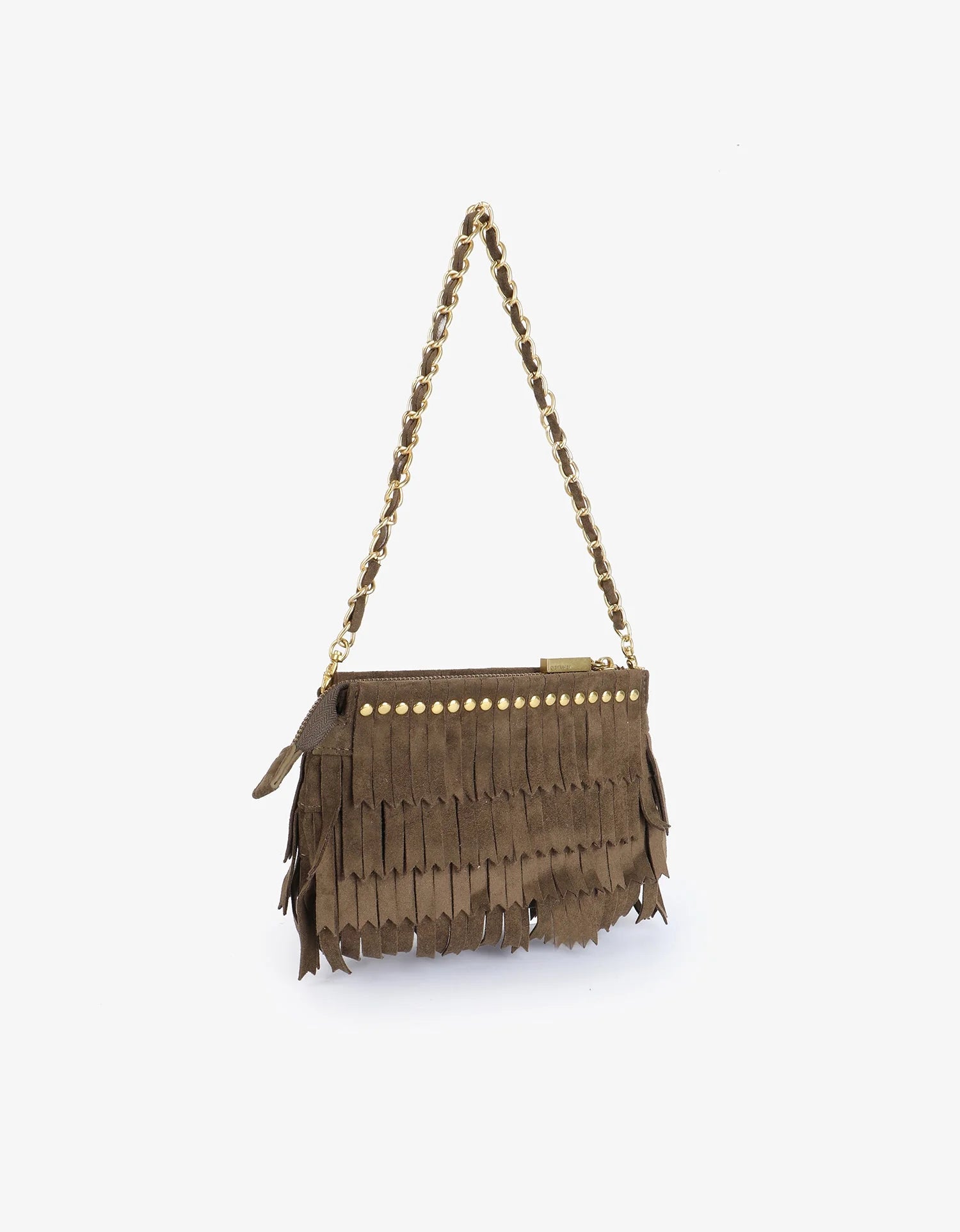 Vassel Fringe Clutch in Olive Suede