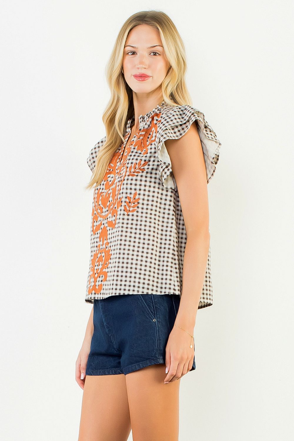 Judy Gingham Embroidered Flutter Sleeve Top