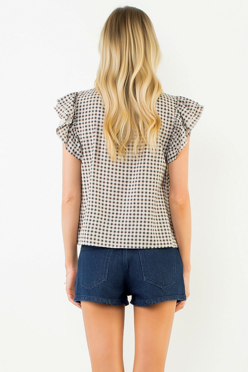 Judy Gingham Embroidered Flutter Sleeve Top