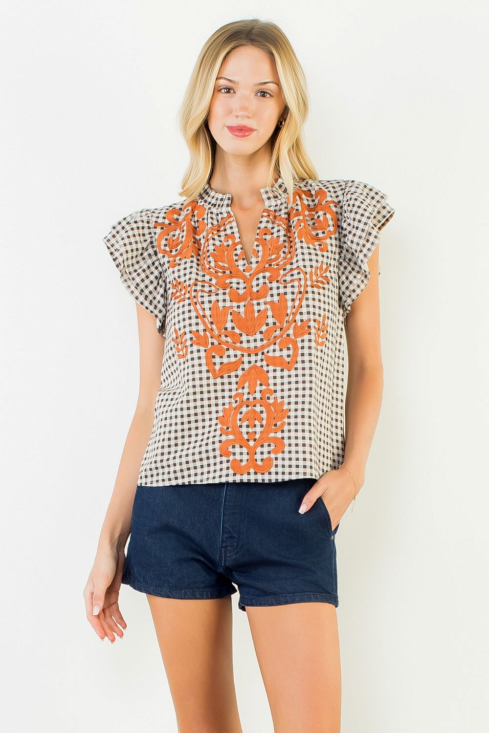 Judy Gingham Embroidered Flutter Sleeve Top