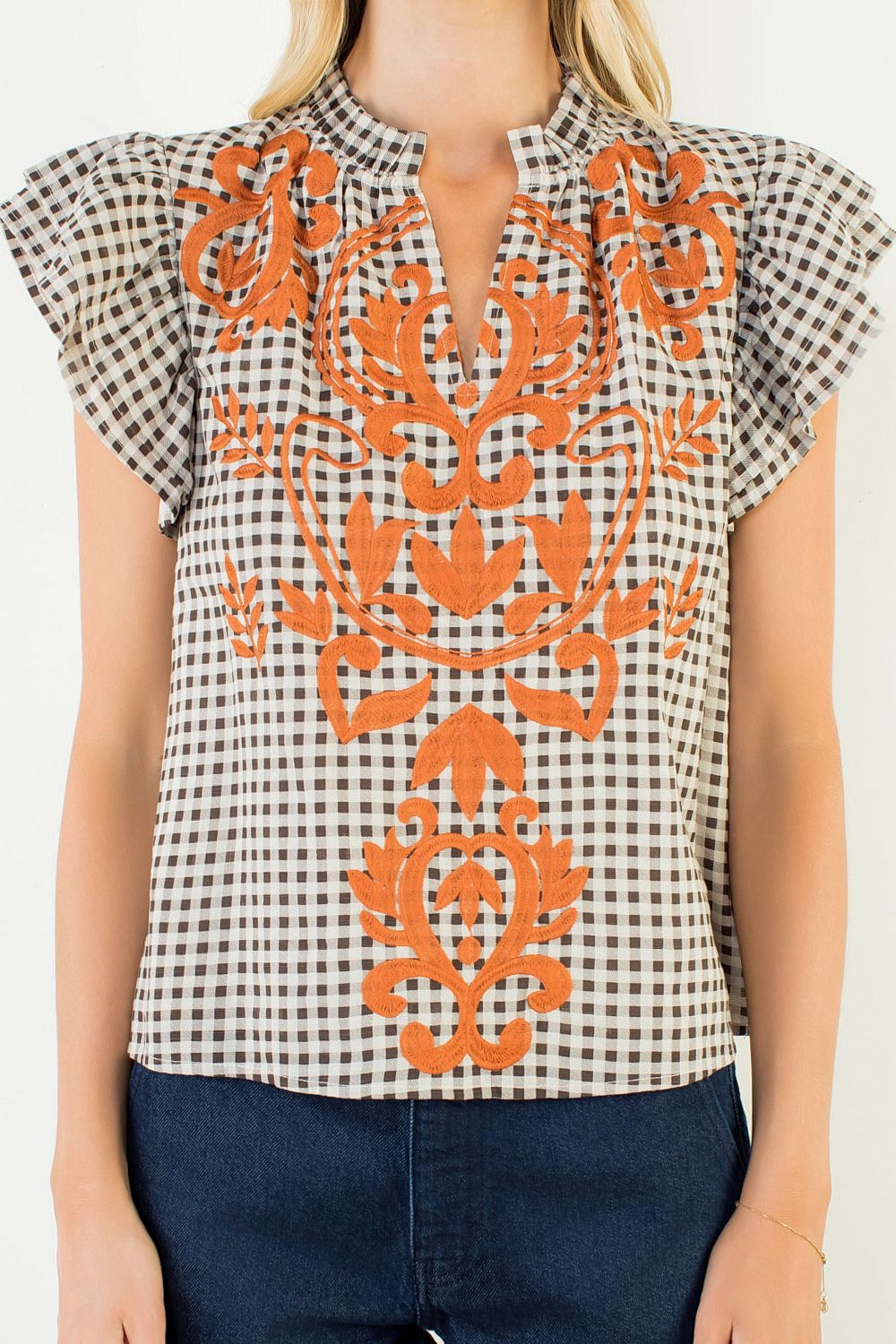 Judy Gingham Embroidered Flutter Sleeve Top