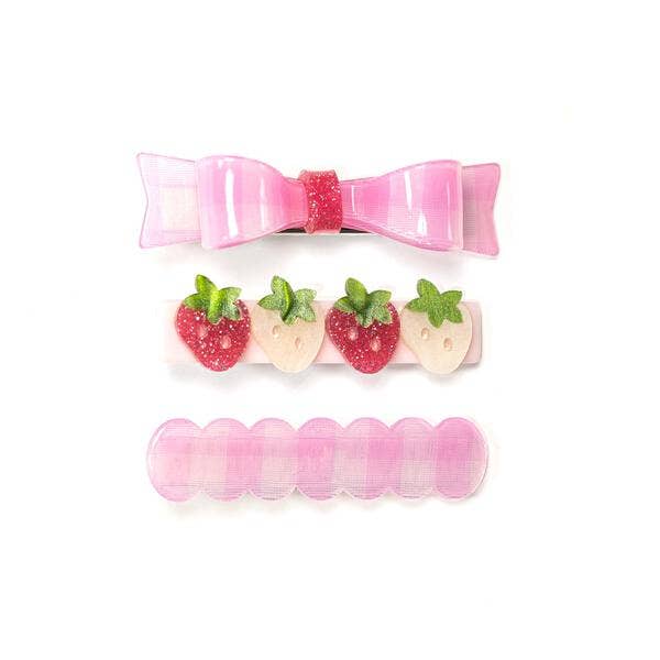 Pink Checked Bow + Strawberries Alligator Clips S/3