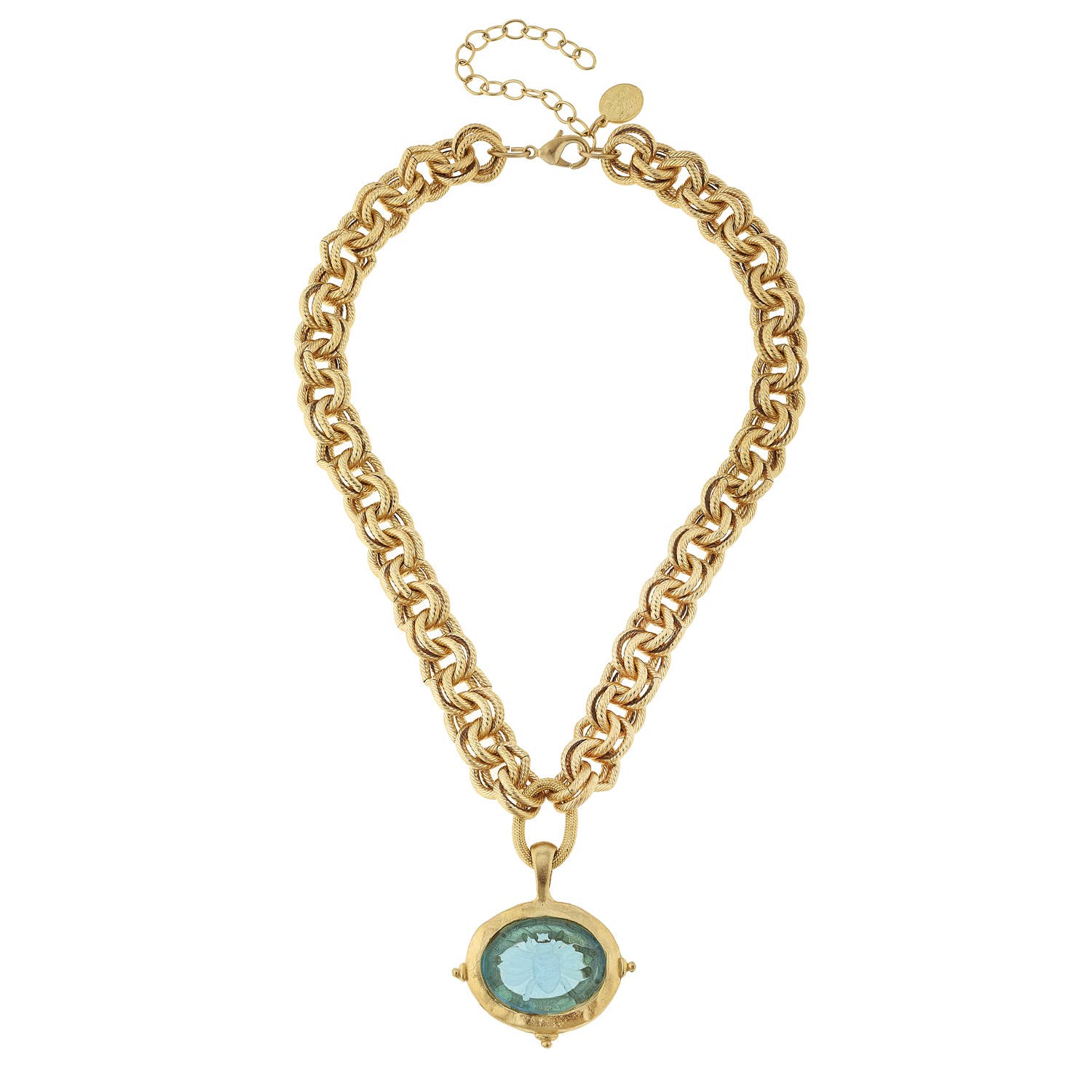 Aqua Venetian Glass Bee Intaglio on Gold Chain Necklace