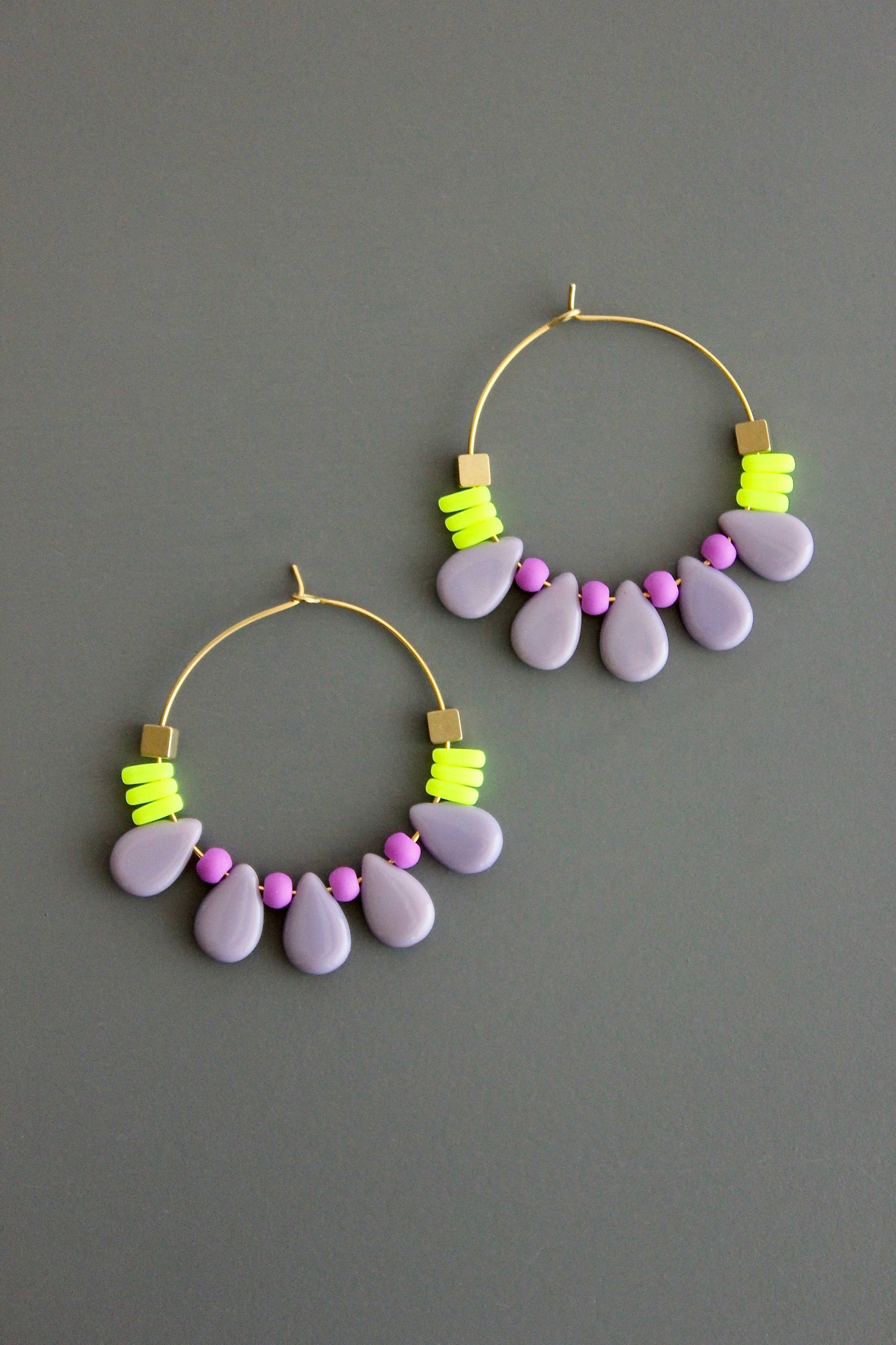 Purple, Yellow & Pink Glass Hoop Earrings