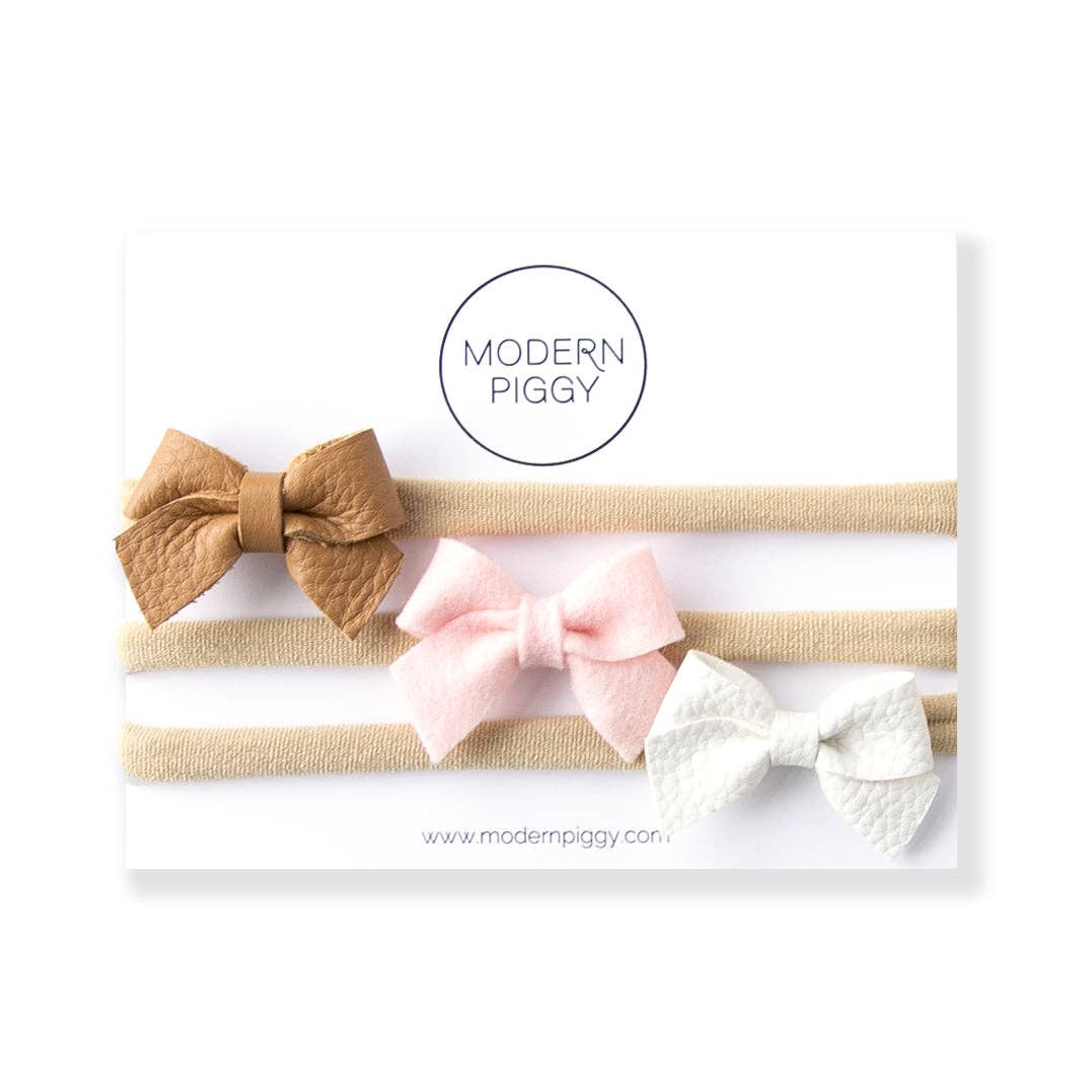 Leather Neutrals Baby Bow Set