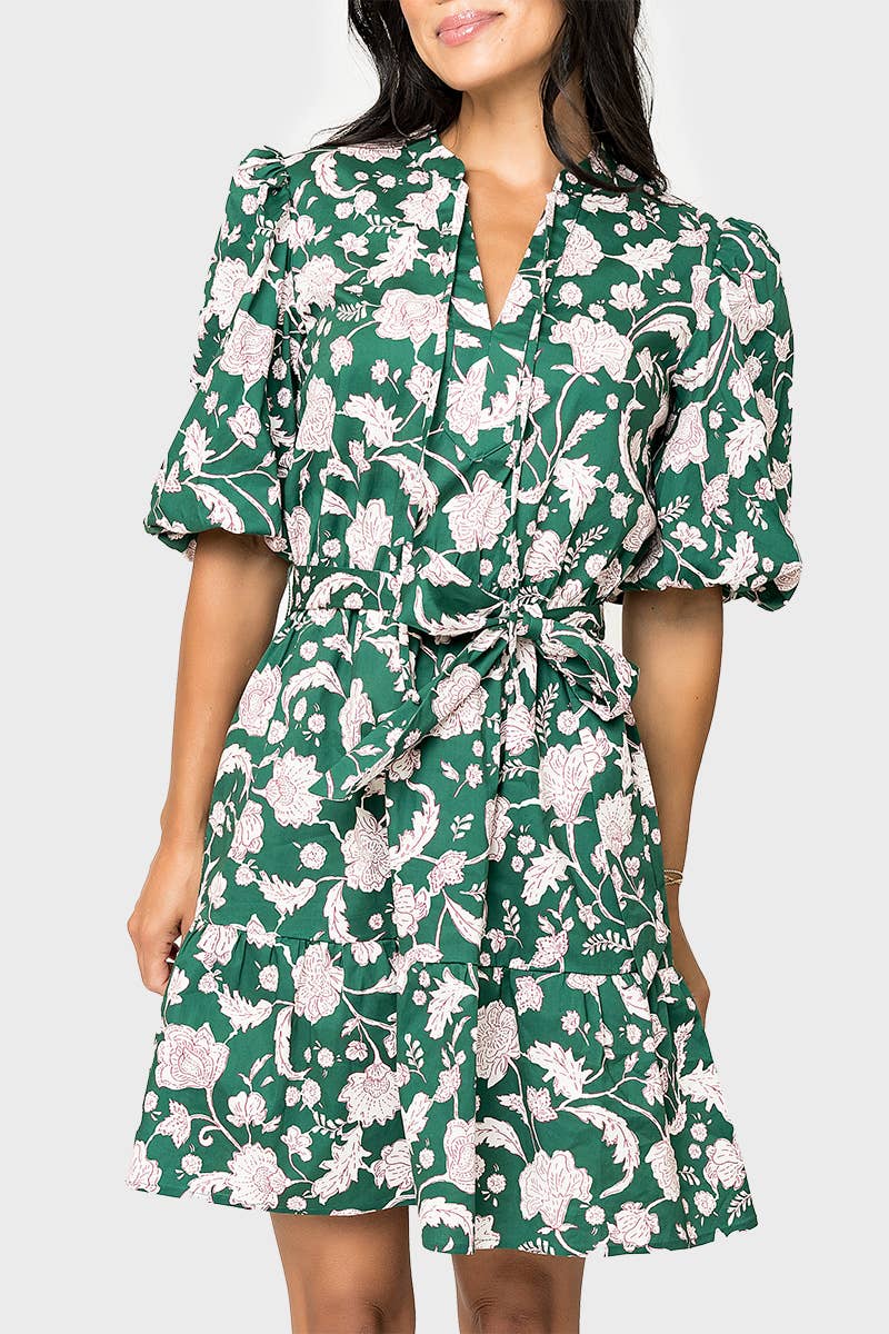 Green Bubble Sleeve Belted Dress